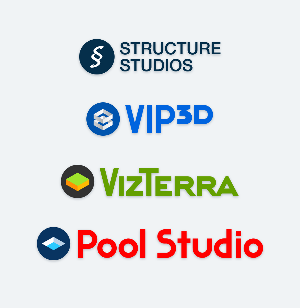 Structure Studios, Vip3D, VizTerra and Pool Studio Logos